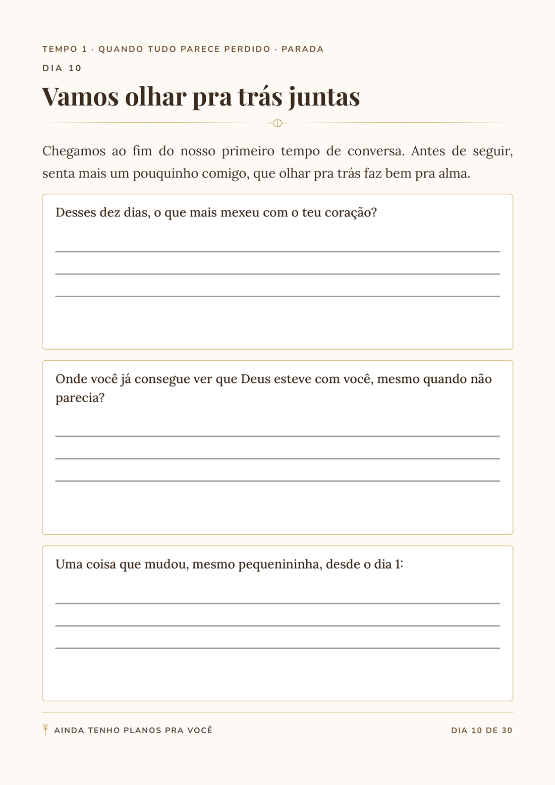 Página de parada do dia 10, chamada Vamos olhar pra trás juntas, com três perguntas e linhas largas pra escrever.