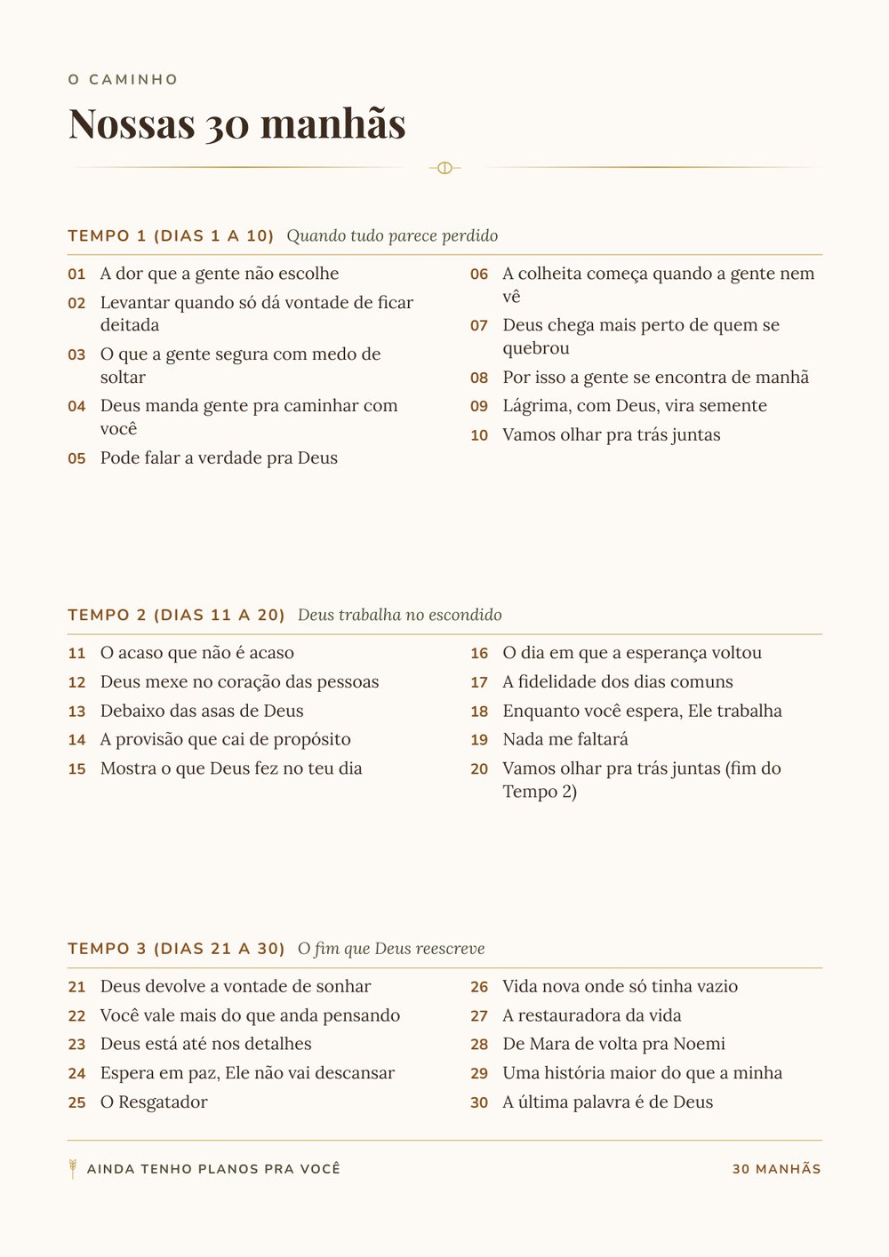 Página do caderno chamada Nossas 30 manhãs, com o título de cada uma das 30 manhãs listado por tempo.