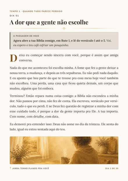 Página esquerda do dia 1, com a passagem de Rute e a conversa sobre aquele pedaço da história.