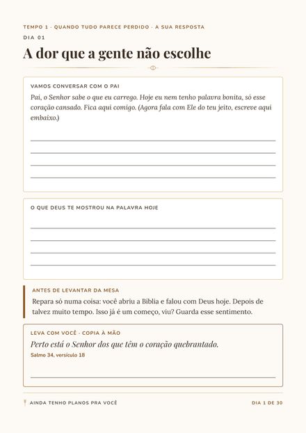 Página direita do dia 1, com a oração começada e as linhas em branco pra escrever.